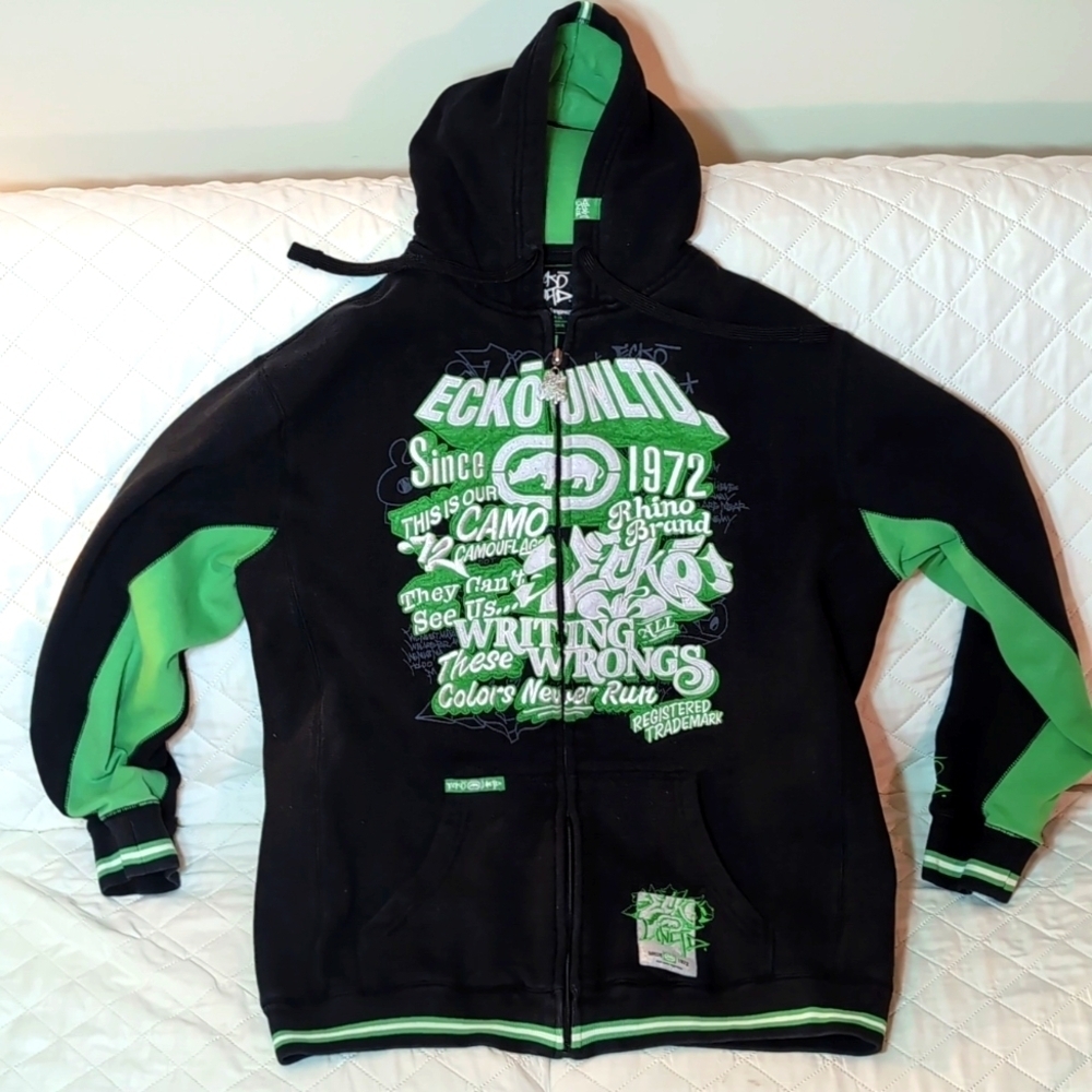 Y2K Ecko UnLimited Writing all Wrongs Men's Green/Black Hoodie Size L.
